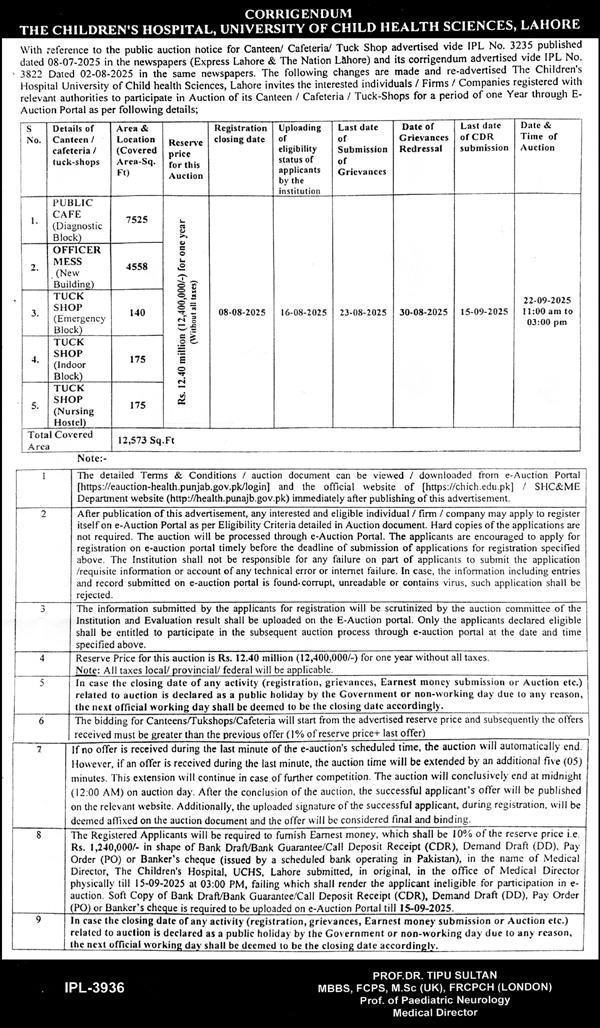 The Children Hospital Lahore Tender Notice